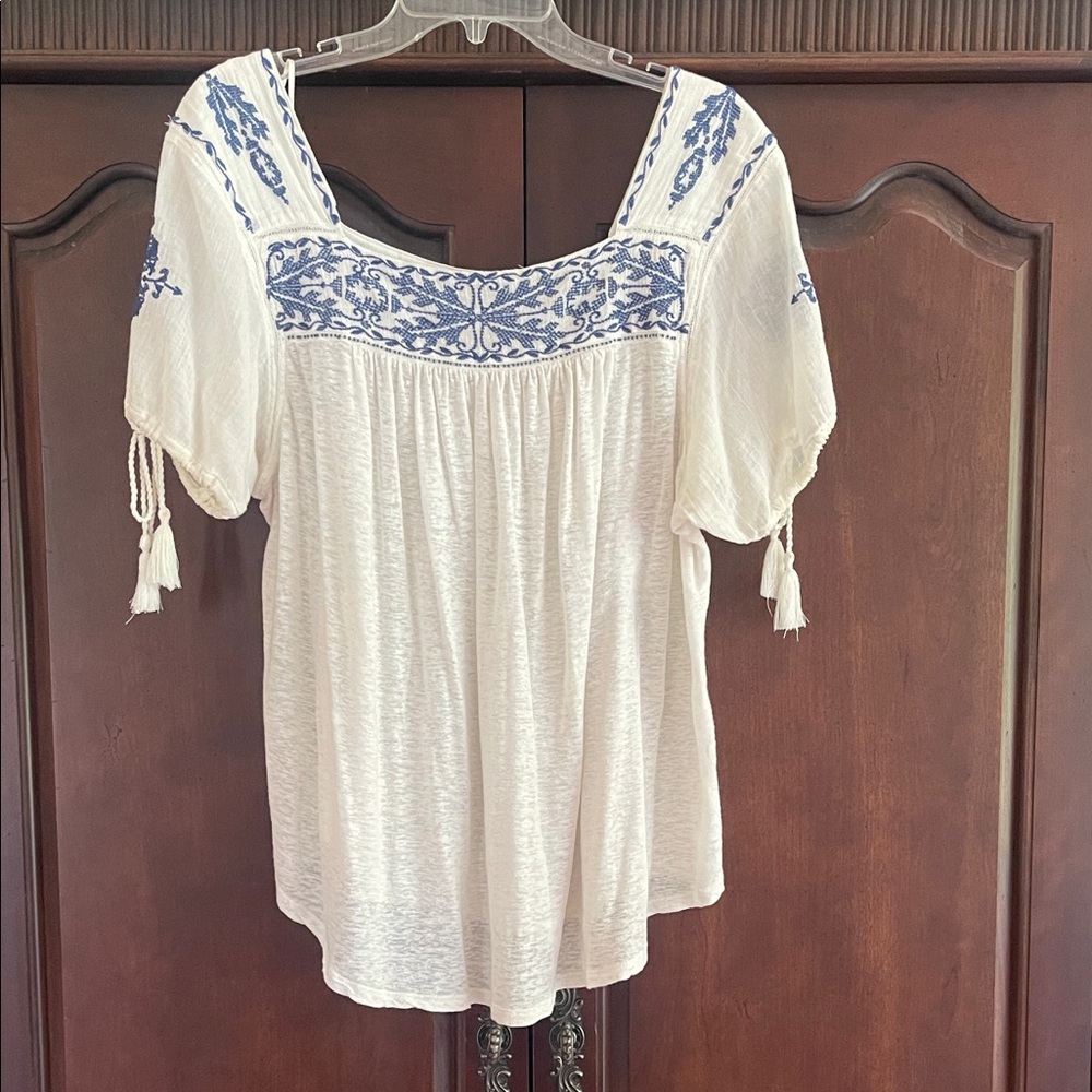 Lucky Brand Embroidered Gauze Square Neck Top